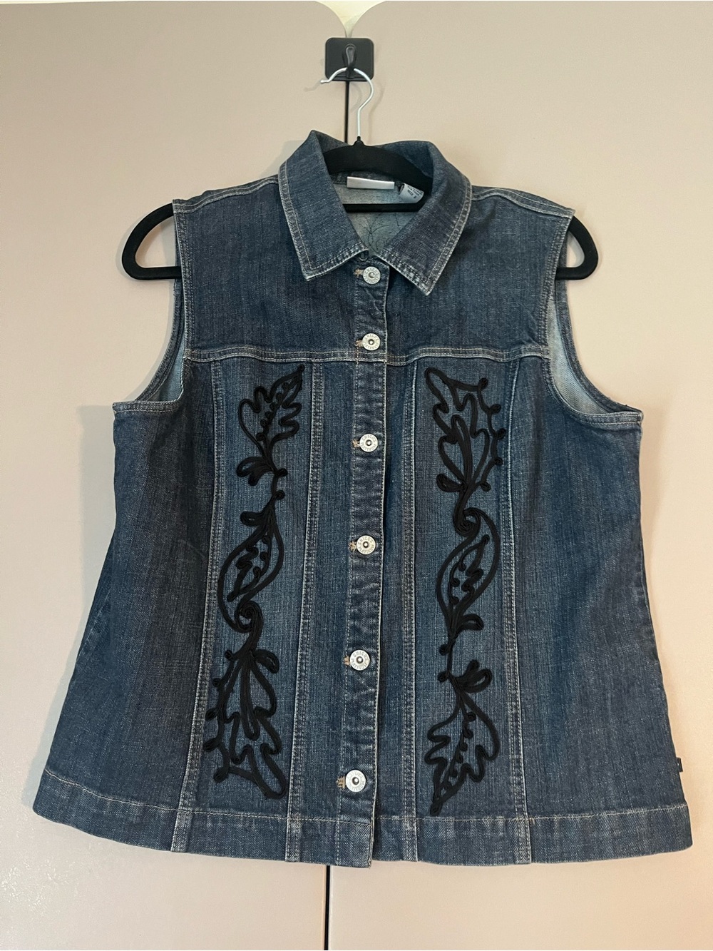 Chico's Blue Denim Sleeveless Button-Down Vest with Black Embroidery